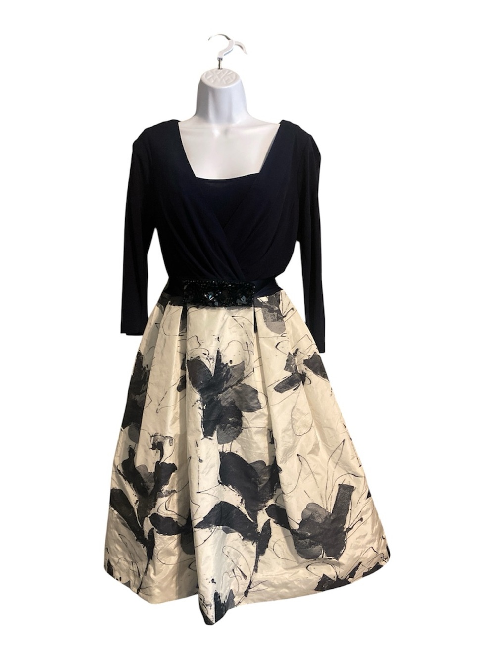 Ricky Freeman by Teri Jon 3/4 sleeve navy tafetta fit & flare dress 8
